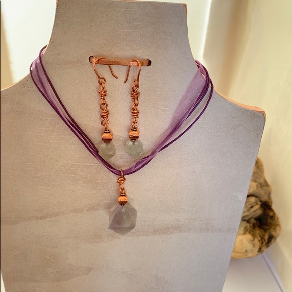 Fluorite Octahedron Crystal Pendant & Earrings Set - Picture 7 of 8